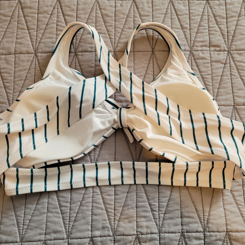 High Waisted Orange Bikini Bottoms w/ White & Teal Striped Wrap Around Top - Picture 4 of 7
